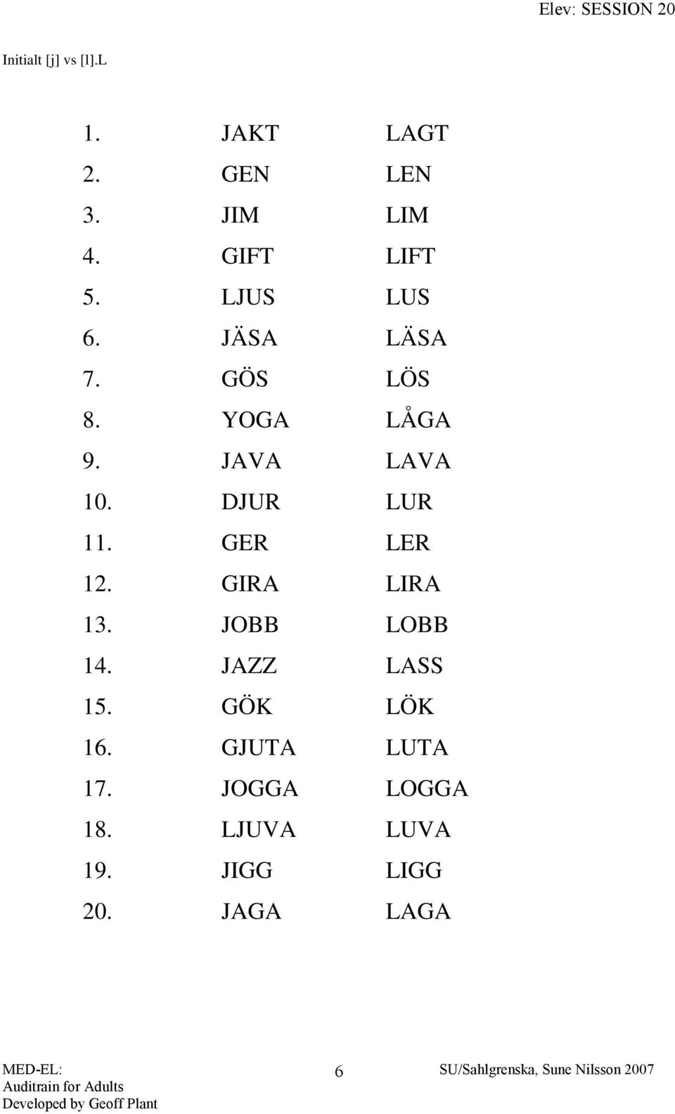 DJUR LUR 11. GER LER 12. GIRA LIRA 13. JOBB LOBB 14. JAZZ LASS 15.