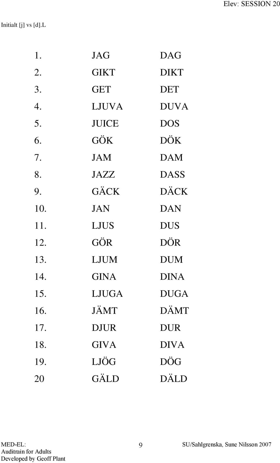 GÄCK DÄCK 10. JAN DAN 11. LJUS DUS 12. GÖR DÖR 13. LJUM DUM 14.