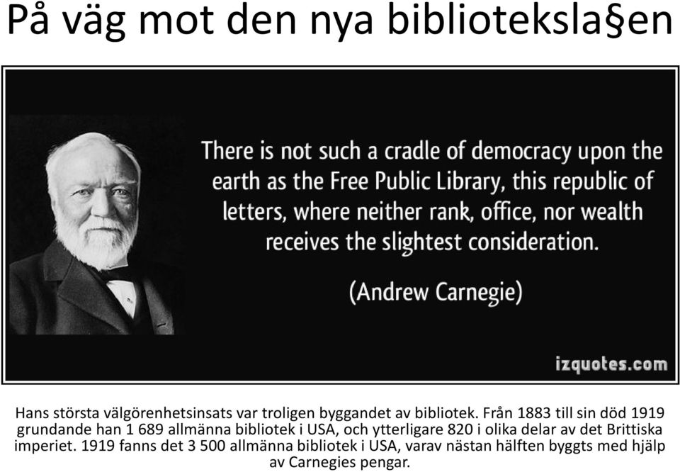 Från 1883 till sin död 1919 grundande han 1 689 allmänna bibliotek i USA, och ytterligare 820 i olika delar