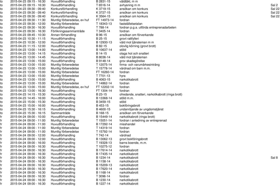 2015-04-23 09:30-11:30 Muntlig förberedelse, ev huf FT 14973-14 fordran to 2015-04-23 09:30-12:00 Muntlig förberedelse T 18343-13 fastställelsetalan to 2015-04-23 09:30-16:30 Huvudförhandling T