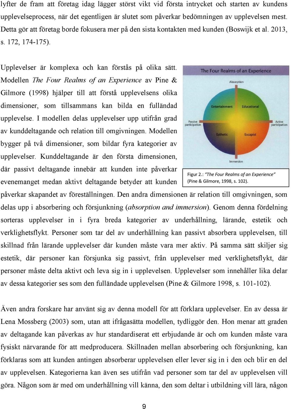 Modellen The Four Realms of an Experience av Pine & Gilmore (1998) hjälper till att förstå upplevelsens olika dimensioner, som tillsammans kan bilda en fulländad upplevelse.