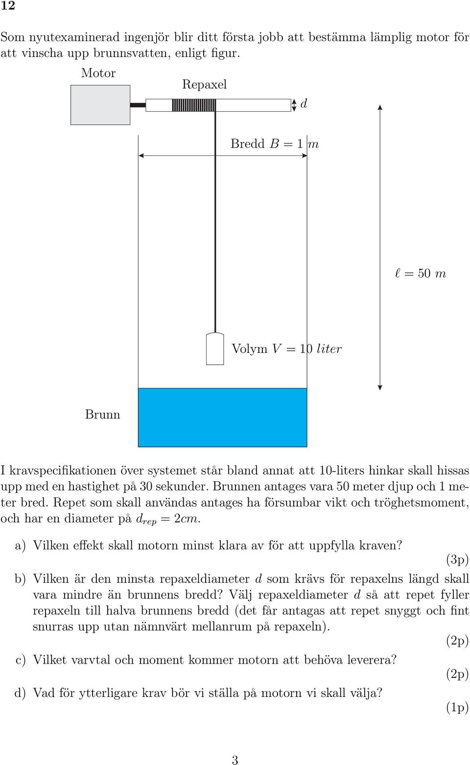 Brunnen antages vara 50 meter djup och 1 meter bred. Repet som skall användas antages ha försumbar vikt och tröghetsmoment, och har en diameter på d rep =2cm.