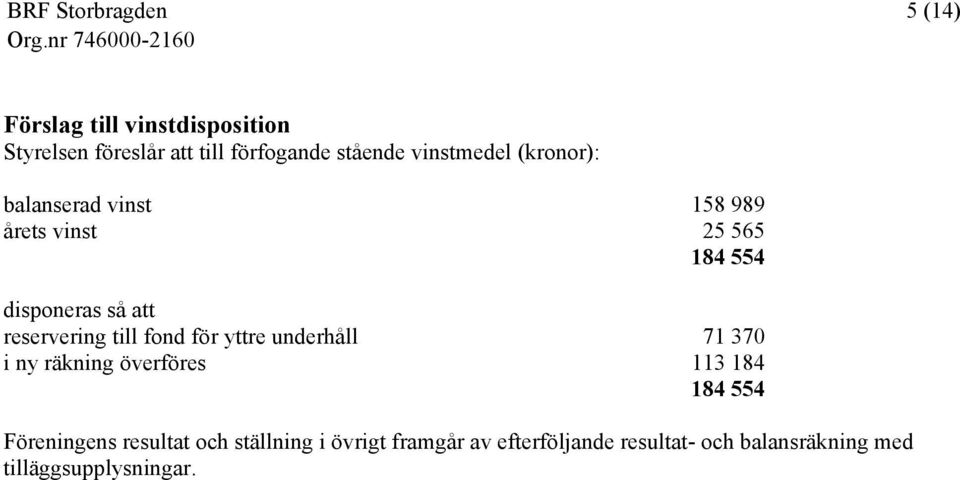 fond för yttre underhåll 71 370 i ny räkning överföres 113 184 184 554 Föreningens resultat och