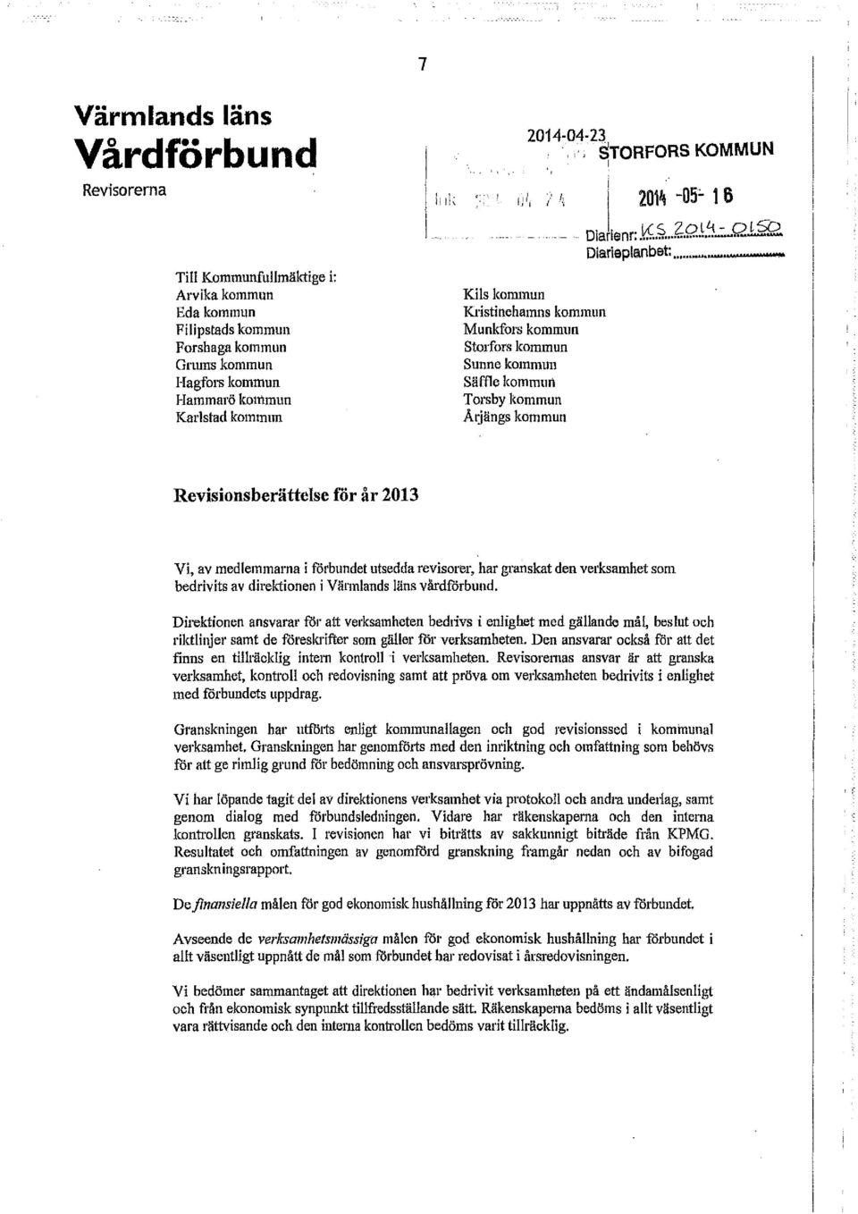 .. Q L?Q Dlarleplanbet:... Revisionsberättelse för år 2013 Vi, av medlemmarna I förbundet utsedda revisorer, bar granskat den verksamhet som bedrivits av direktionen i Värmlands läns vårdförbund.