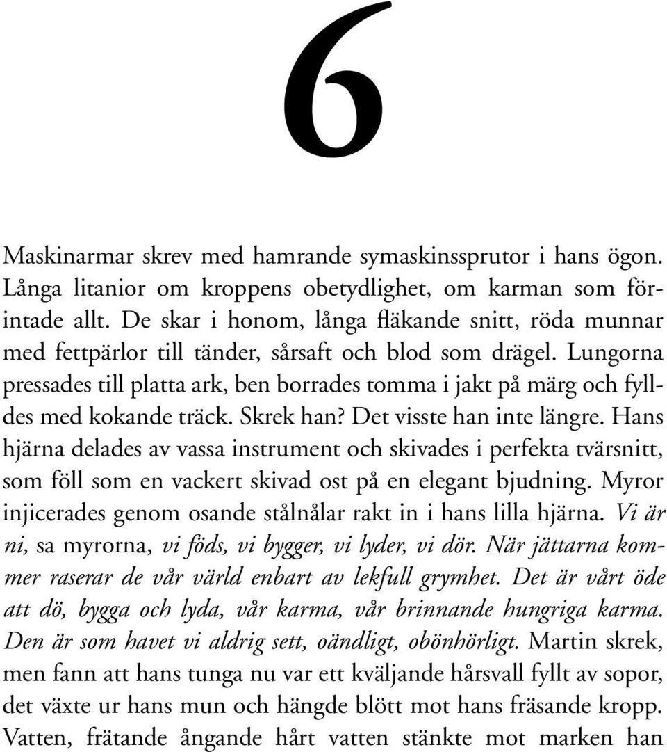 Lungorna pressades till platta ark, ben borrades tomma i jakt på märg och fylldes med kokande träck. Skrek han? Det visste han inte längre.