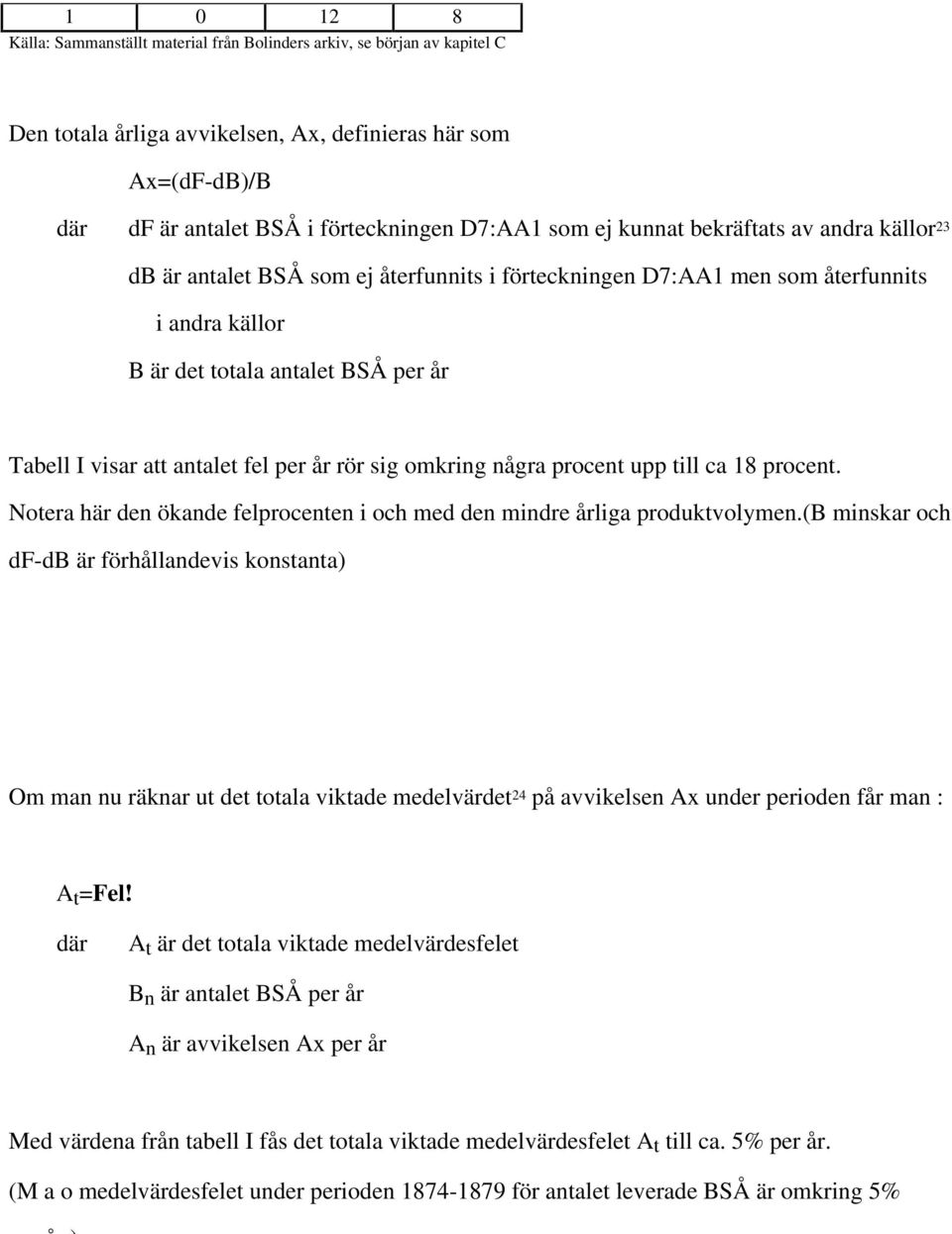 per år rör sig omkring några procent upp till ca 18 procent. Notera här den ökande felprocenten i och med den mindre årliga produktvolymen.