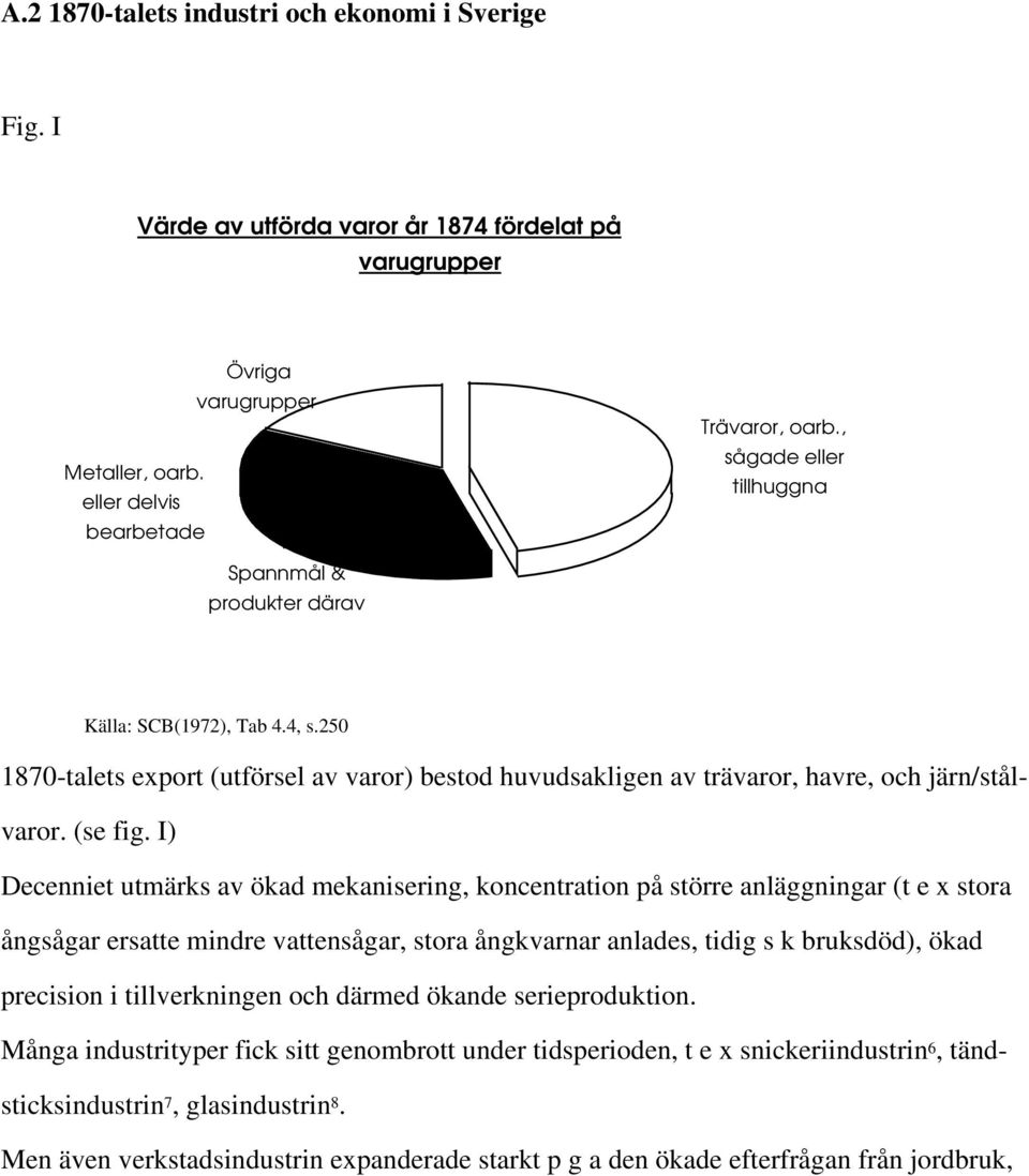 I) Decenniet utmärks av ökad mekanisering, koncentration på större anläggningar (t e x stora ångsågar ersatte mindre vattensågar, stora ångkvarnar anlades, tidig s k bruksdöd), ökad precision i