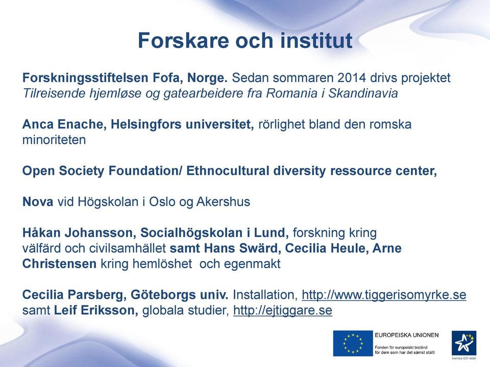 romska minoriteten Open Society Foundation/ Ethnocultural diversity ressource center, Nova vid Högskolan i Oslo og Akershus Håkan Johansson, Socialhögskolan i