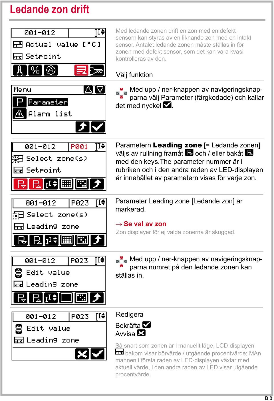 Med upp / ner-knappen av navigeringsknapparna välj Parameter (färgkodade) och kallar det med nyckel. Parametern Leading zone [= Ledande zonen] väljs av rullning framåt och / eller bakåt med den keys.