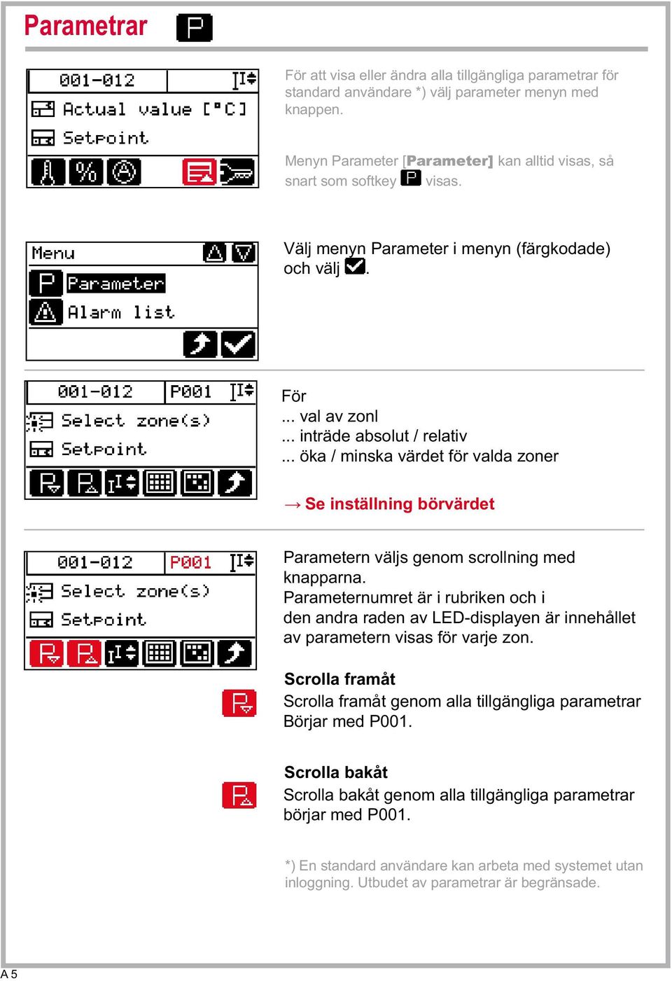 .. öka / minska värdet för valda zoner Se inställning börvärdet Parametern väljs genom scrollning med knapparna.