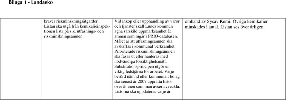 Målet är att utfasningsämnen ska avskaffas i kommunal verksamhet. Prioriterade riskminskningsämnen ska fasas ut eller hanteras med nödvändiga försiktighetsmått.