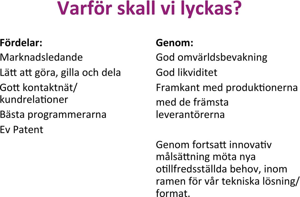 Bästa programmerarna Ev Patent Genom: God omvärldsbevakning God likviditet Framkant med