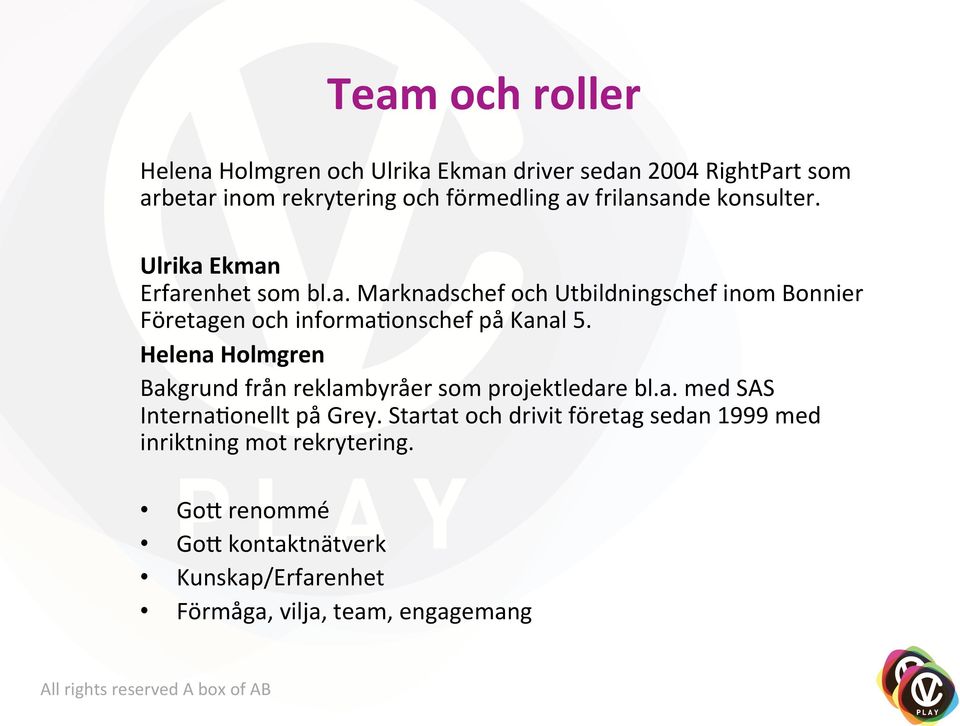 Helena Holmgren Bakgrund från reklambyråer som projektledare bl.a. med SAS InternaDonellt på Grey.