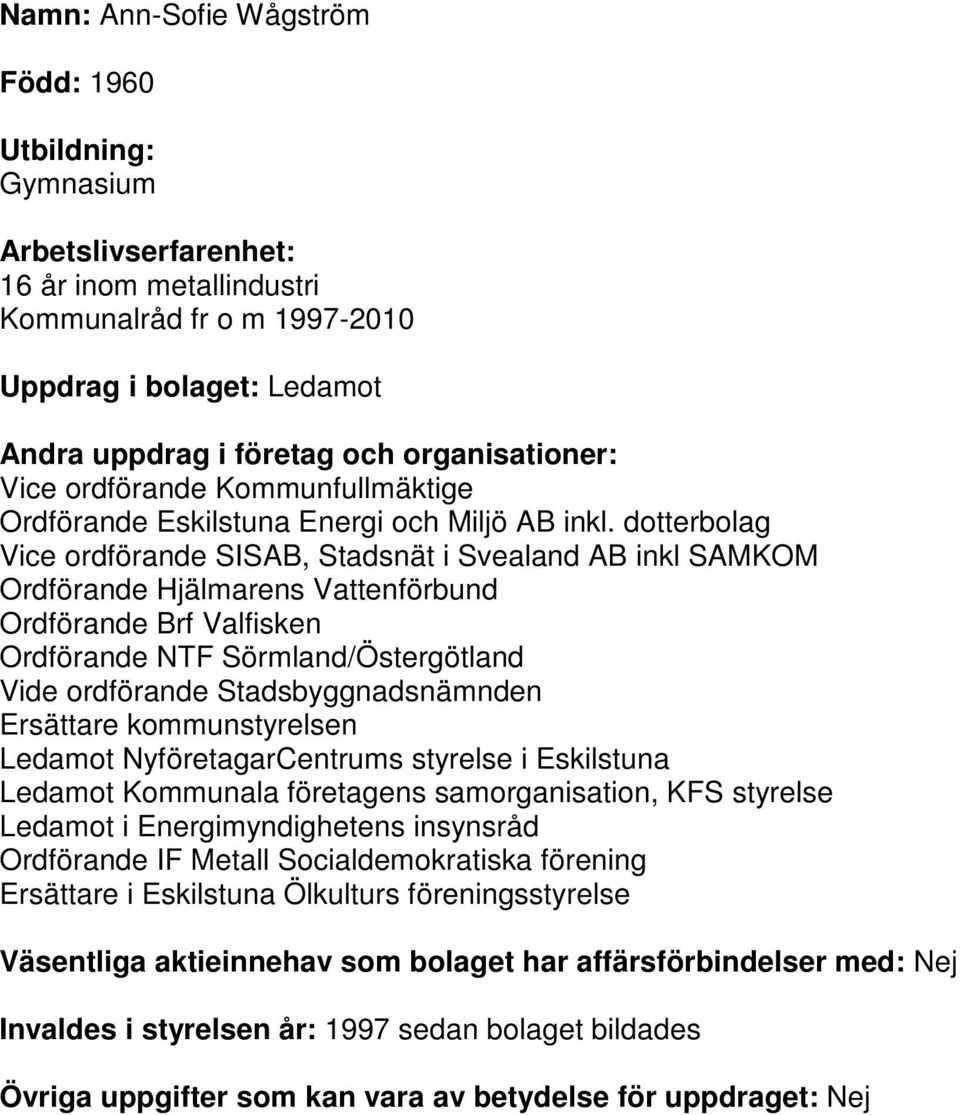 dotterbolag Vice ordförande SISAB, Stadsnät i Svealand AB inkl SAMKOM Ordförande Hjälmarens Vattenförbund Ordförande Brf Valfisken Ordförande NTF Sörmland/Östergötland Vide ordförande