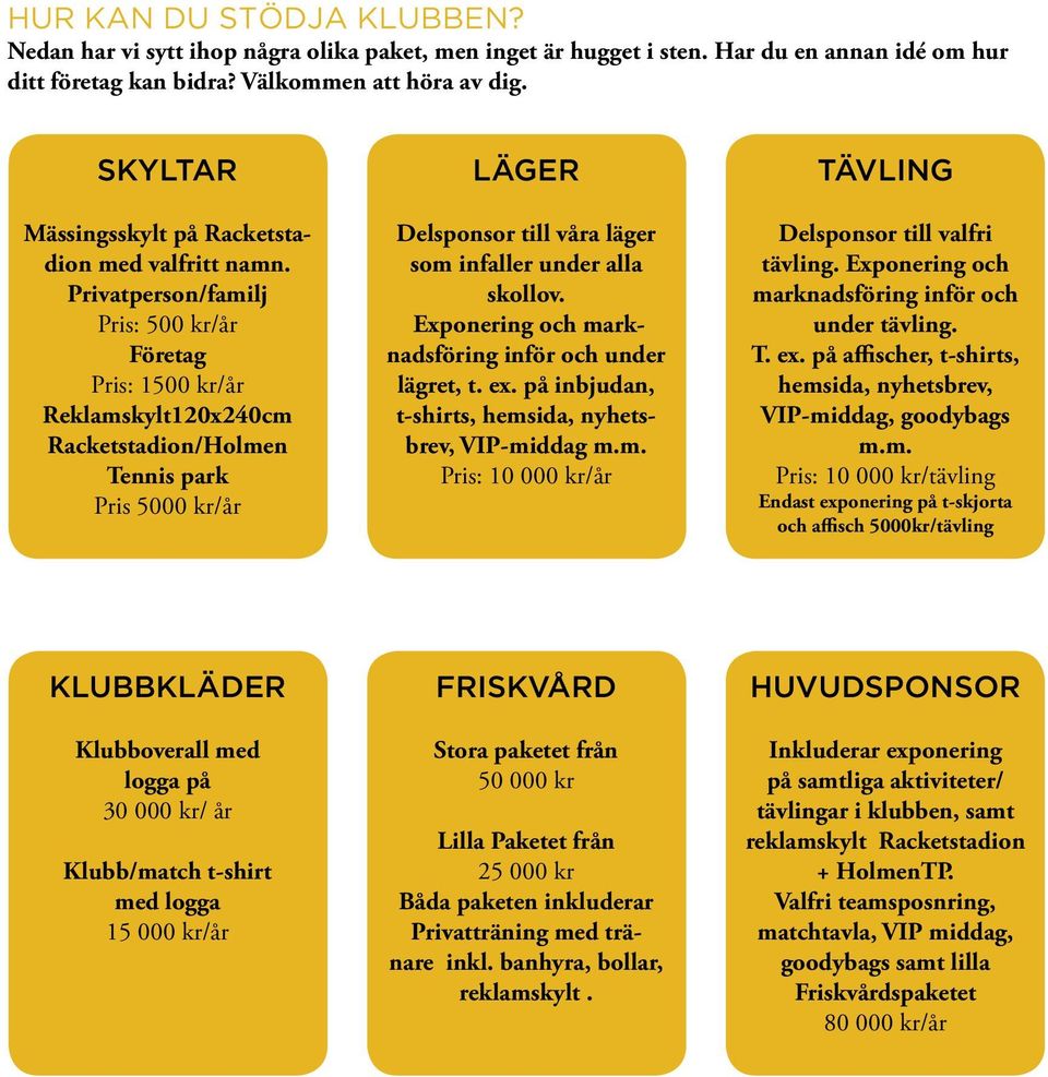 Privatperson/familj Pris: 500 kr/år Företag Pris: 1500 kr/år Reklamskylt120x240cm Racketstadion/Holmen Tennis park Pris 5000 kr/år LÄGER Delsponsor till våra läger som infaller under alla skollov.