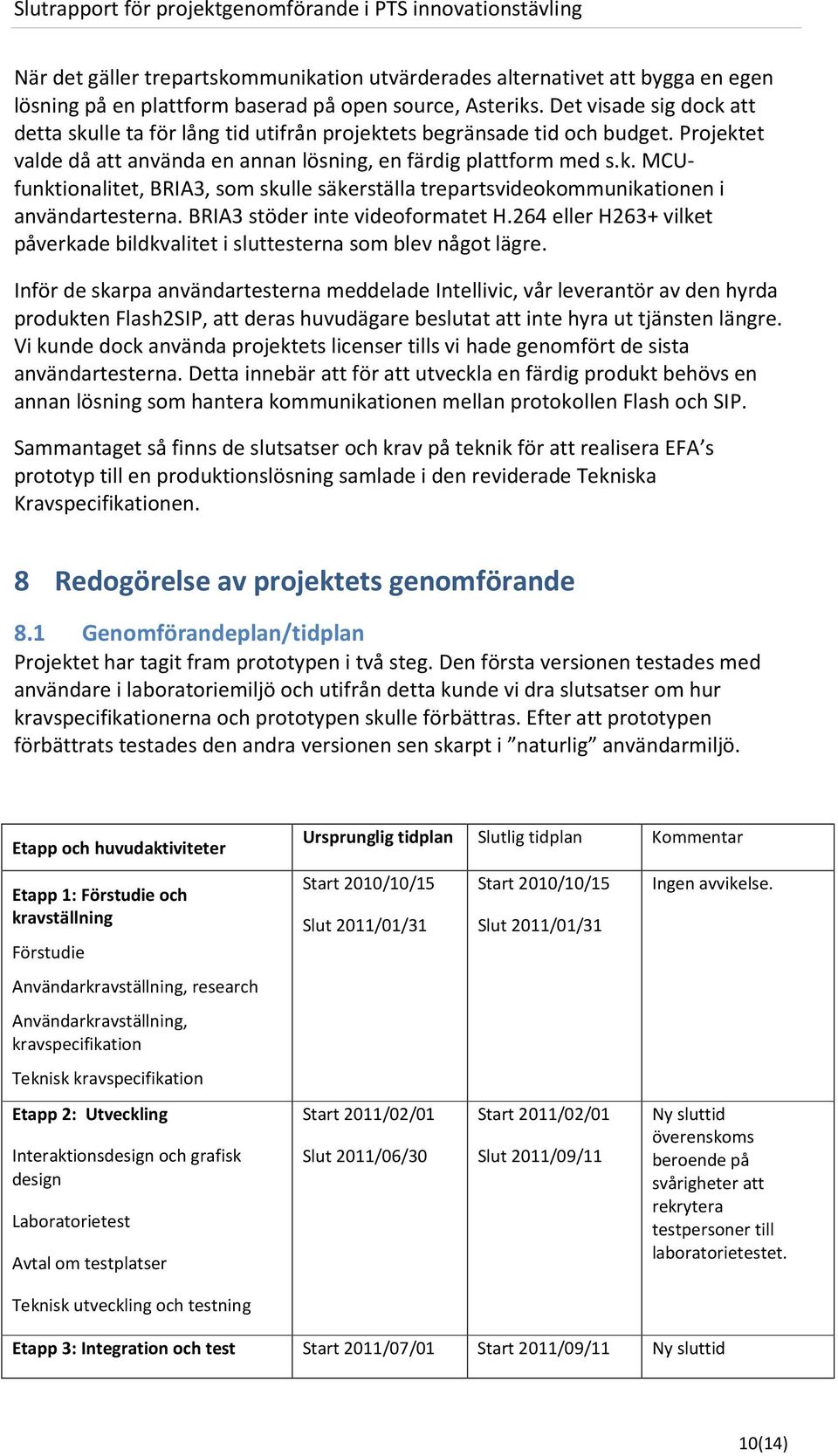 BRIA3 stöder inte videoformatet H.264 eller H263+ vilket påverkade bildkvalitet i sluttesterna som blev något lägre.