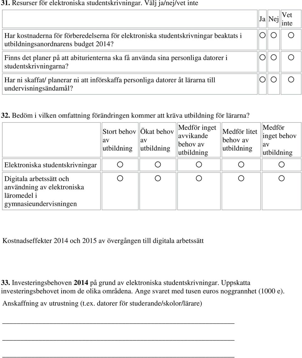 Har ni skaffat/ planerar ni att införskaffa personliga datorer åt lärarna till undervisningsändamål? 32. Bedöm i vilken omfattning förändringen kommer att kräva utbildning för lärarna?