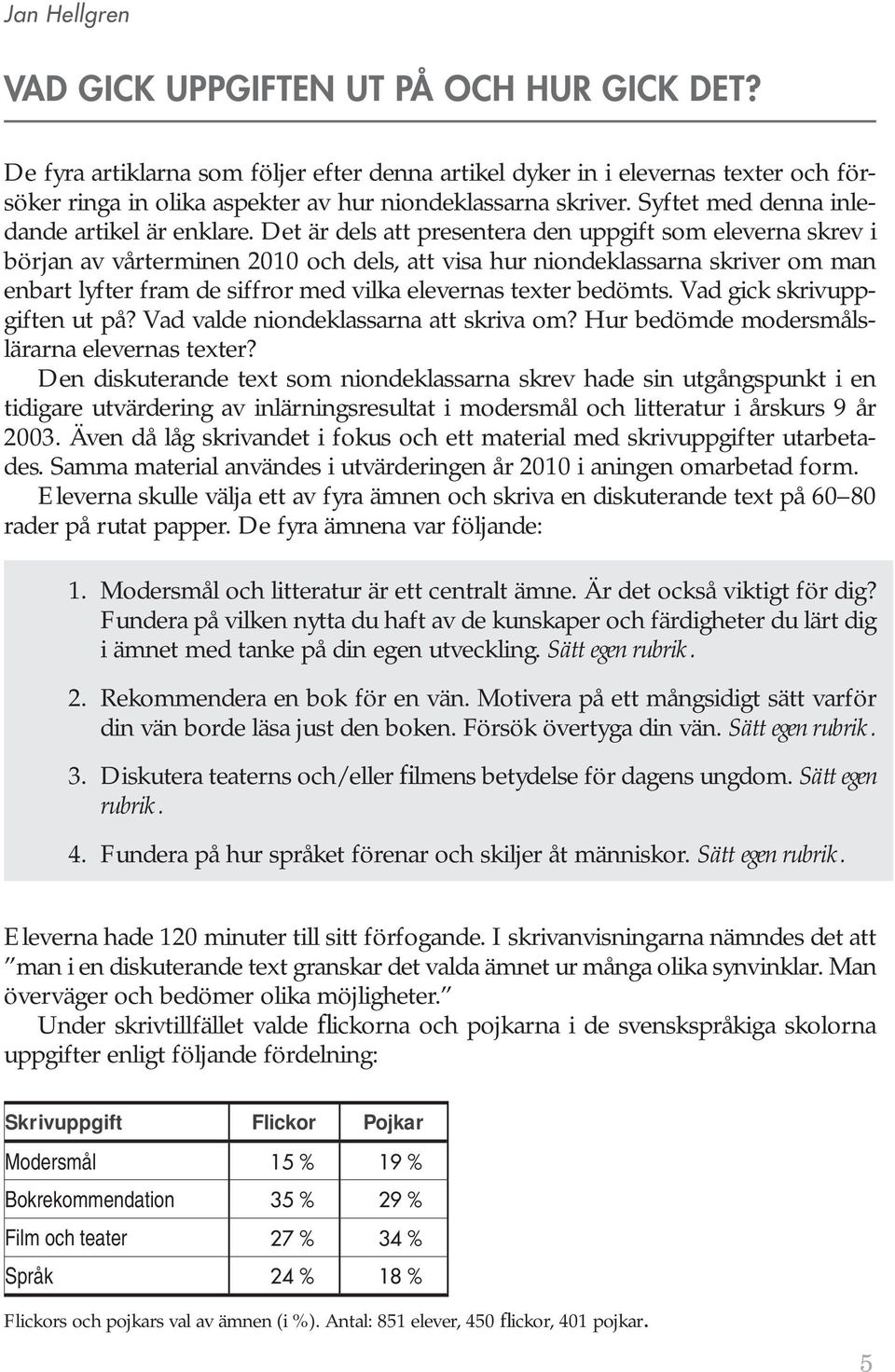 Det är dels att presentera den uppgift som eleverna skrev i början av vårterminen 2010 och dels, att visa hur niondeklassarna skriver om man enbart lyfter fram de siffror med vilka elevernas texter