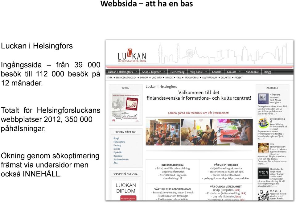 Totalt för Helsingforsluckans webbplatser 2012, 350 000