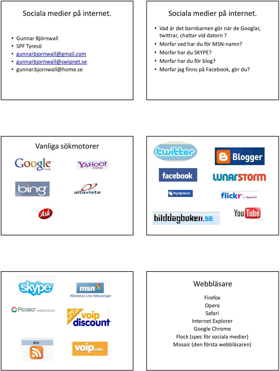 Morfar vad har du för MSN-namn? Morfar har du SKYPE? Morfar har du för blog? Morfar jag finns på Facebook, gör du?