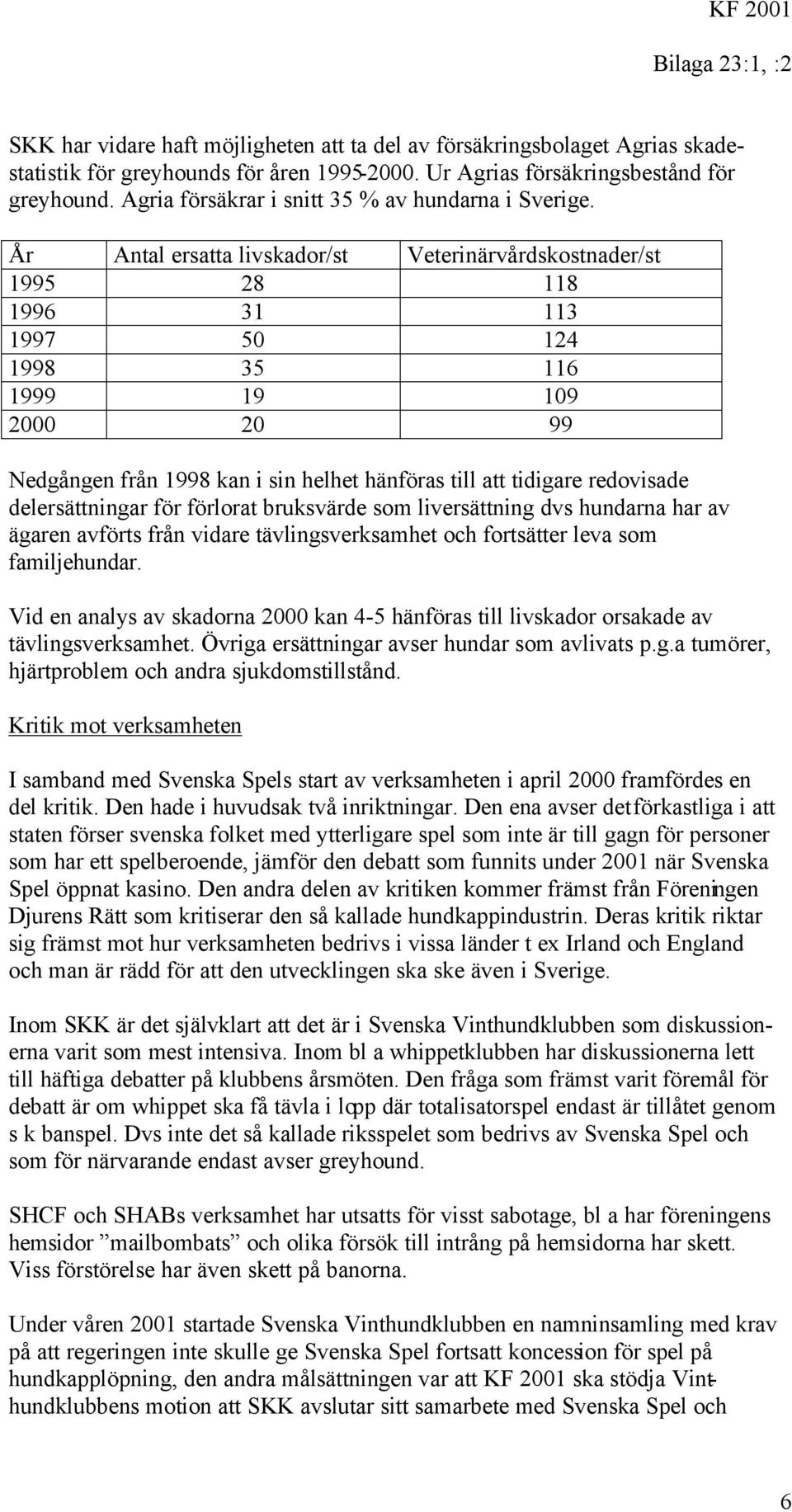 År Antal ersatta livskador/st Veterinärvårdskostnader/st 1995 28 118 1996 31 113 1997 50 124 1998 35 116 1999 19 109 2000 20 99 Nedgången från 1998 kan i sin helhet hänföras till att tidigare