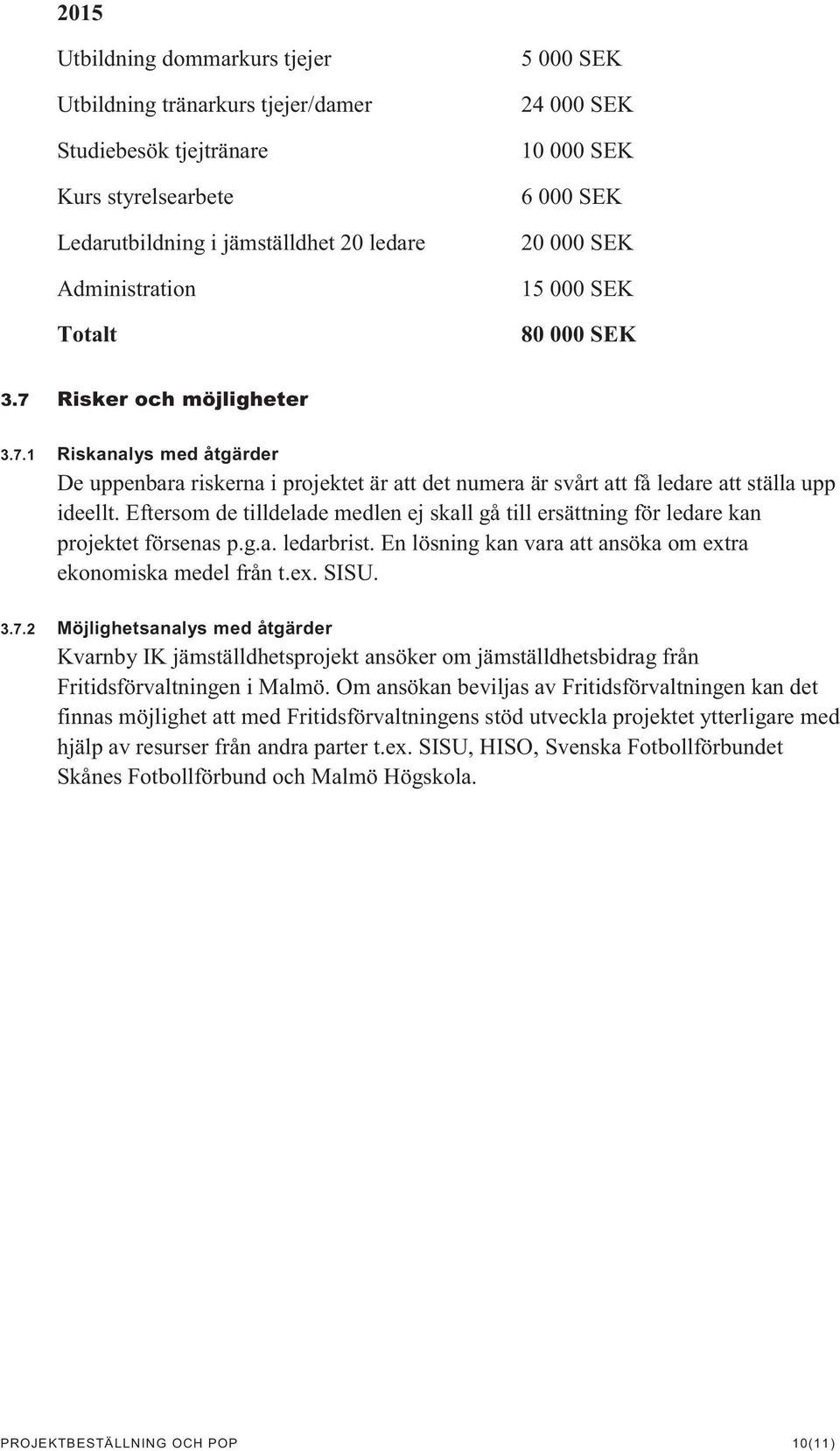 Eftersom de tilldelade medlen ej skall gå till ersättning för ledare kan projektet försenas p.g.a. ledarbrist. En lösning kan vara att ansöka om extra ekonomiska medel från t.ex. SISU. 3.7.