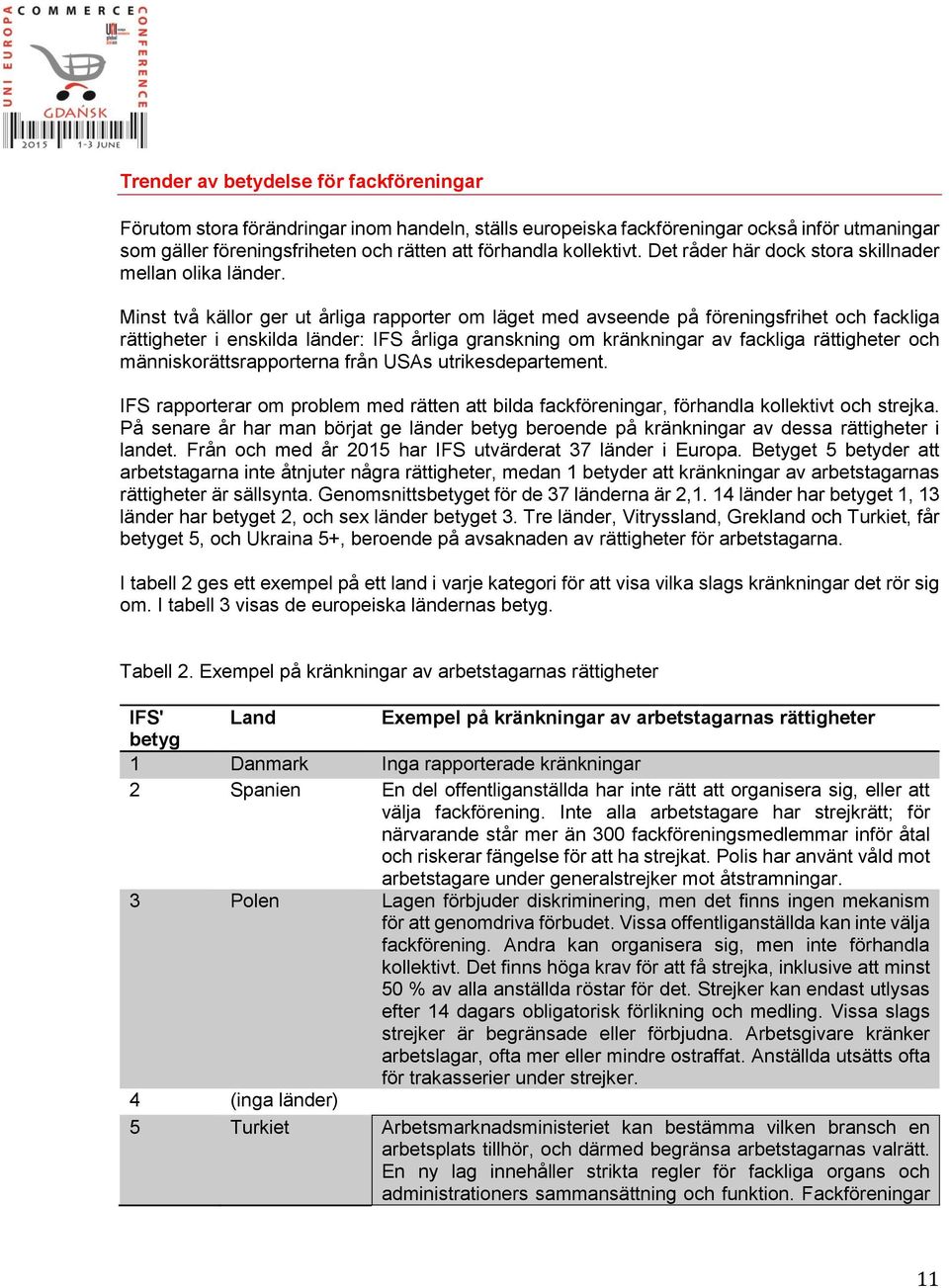 Minst två källor ger ut årliga rapporter om läget med avseende på föreningsfrihet och fackliga rättigheter i enskilda länder: IFS årliga granskning om kränkningar av fackliga rättigheter och