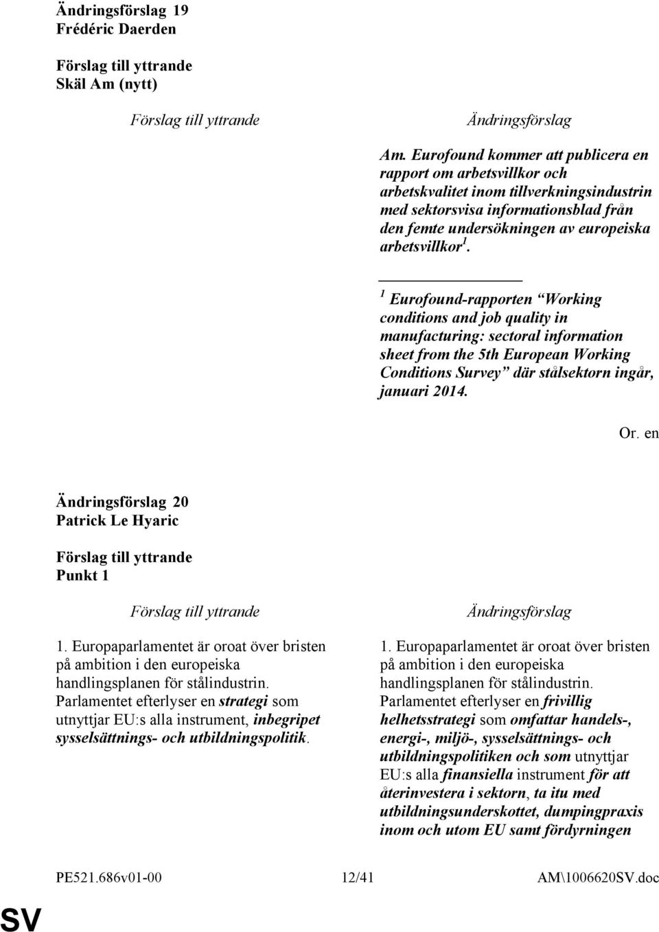 1 Eurofound-rapporten Working conditions and job quality in manufacturing: sectoral information sheet from the 5th European Working Conditions Survey där stålsektorn ingår, januari 2014.
