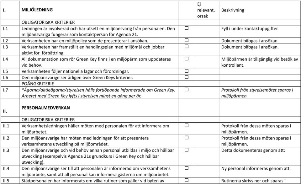 aktivt för förbättring. I.4 All dokumentation som rör Green Key finns i en miljöpärm som uppdateras vid behov. I.5 Verksamheten följer nationella lagar och förordningar. I.6 Den miljöansvarige ser årligen över Green Keys kriterier.