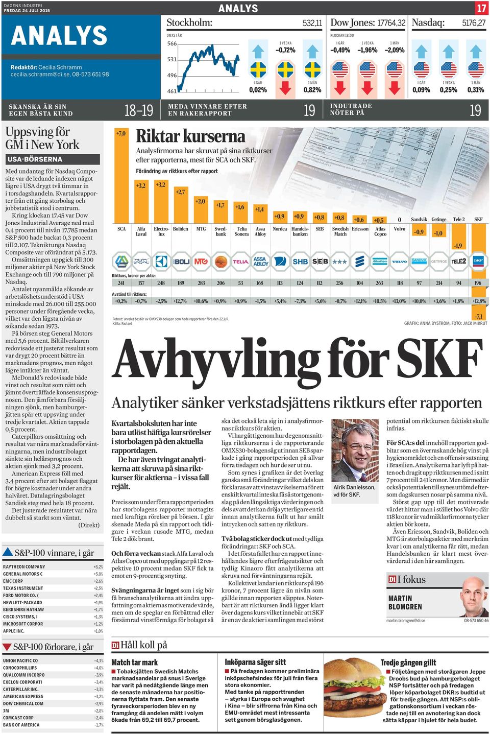 torsdagshandeln. Kvartalsrapporter från ett gäng storbolag och jobbstatistik stod i centrum. Kring klockan 17.45 var Dow Jones Industrial Average ned med 0,4 procent till nivån 17.