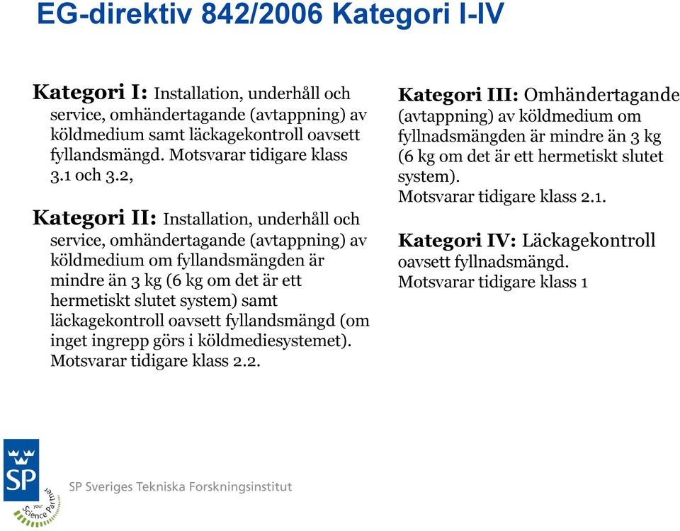 2, Kategori II: Installation, underhåll och service, omhändertagande (avtappning) av köldmedium om fyllandsmängden är mindre än 3 kg (6 kg om det är ett hermetiskt slutet system) samt