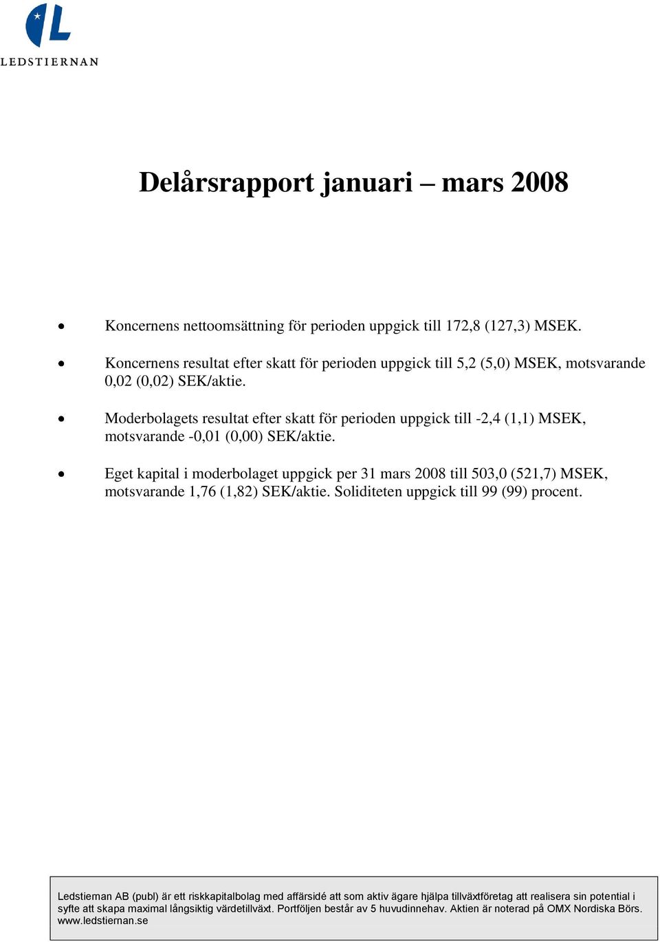 Moderbolagets resultat efter skatt för perioden uppgick till -2,4 (1,1) MSEK, motsvarande -0,01 (0,00) SEK/aktie.