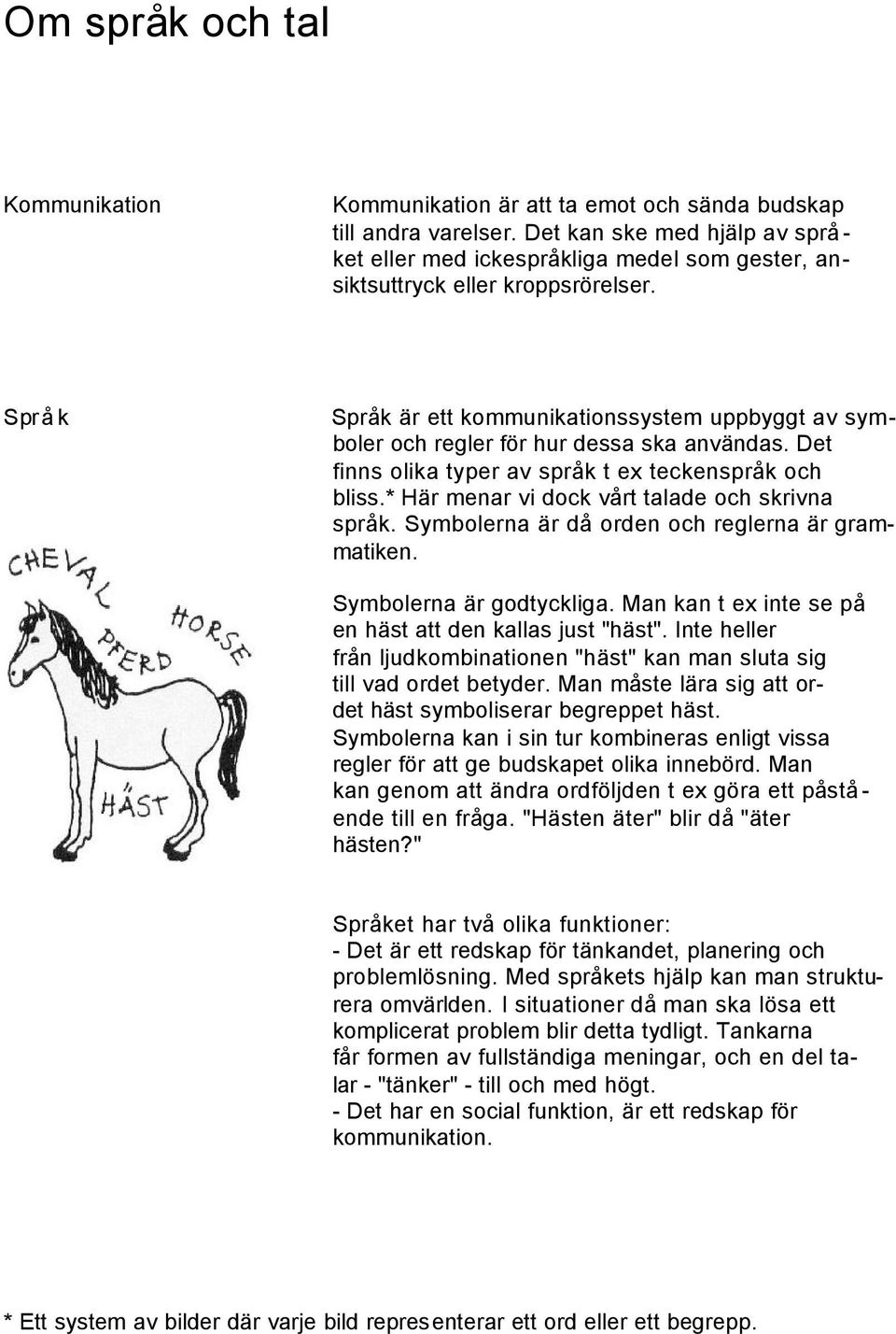 Språ k Språ k är ett kommunikationssystem uppbyggt av symboler och regler för hur dessa ska användas. Det finns olika typer av språ k t ex teckensprå k och bliss.