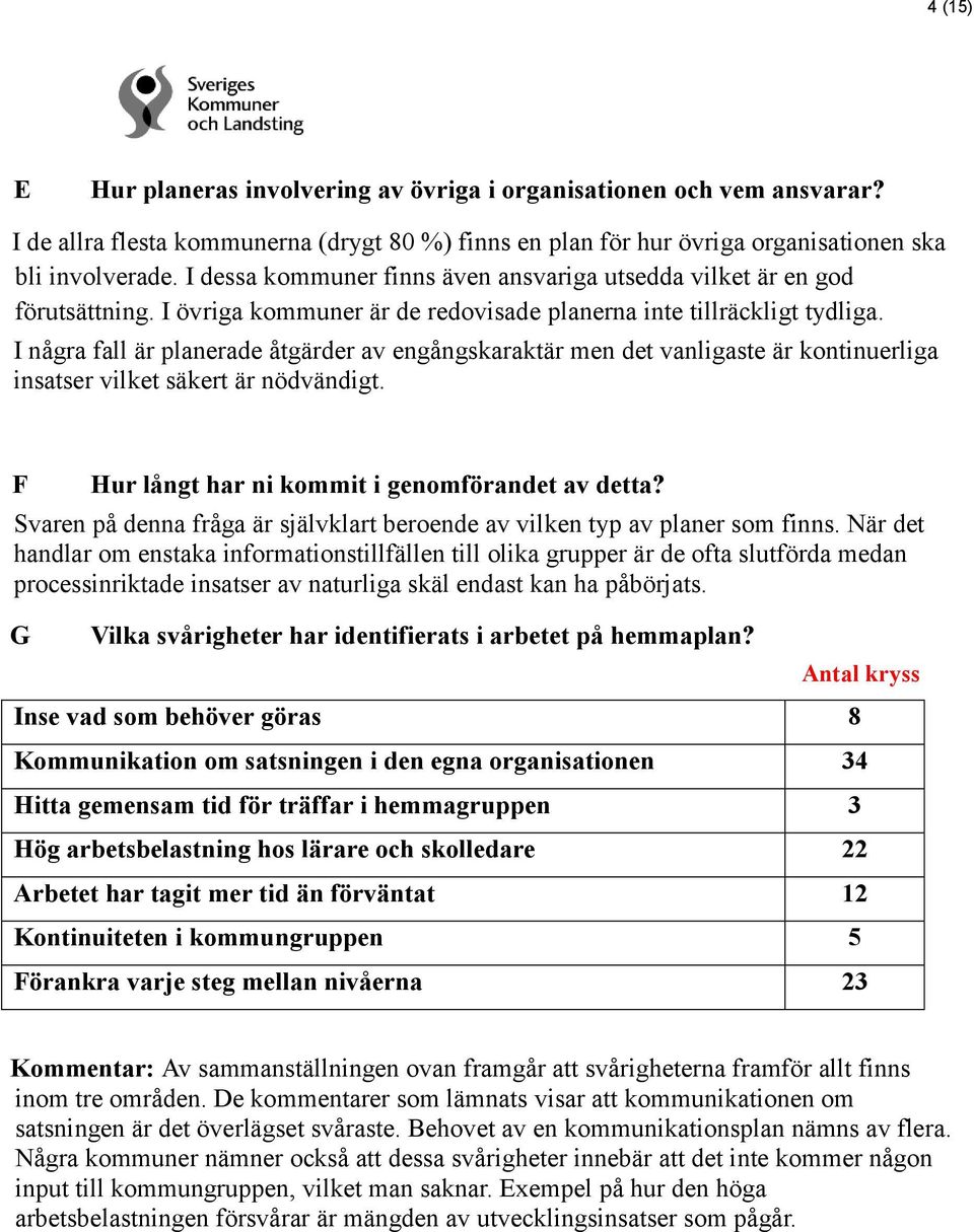 I några fall är planerade åtgärder av engångskaraktär men det vanligaste är kontinuerliga insatser vilket säkert är nödvändigt. F Hur långt har ni kommit i genomförandet av detta?