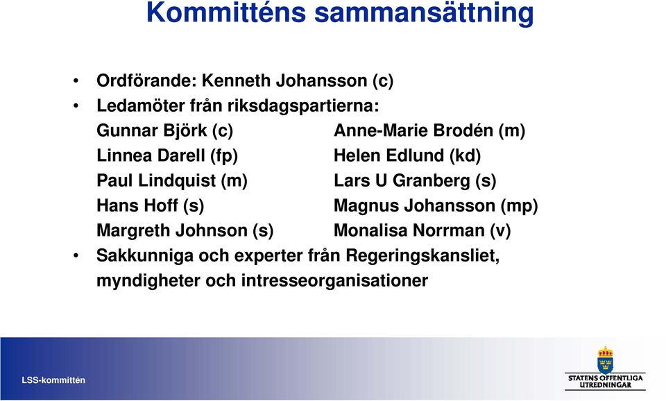 (m) Lars U Granberg (s) Hans Hoff (s) Magnus Johansson (mp) Margreth Johnson (s) Monalisa