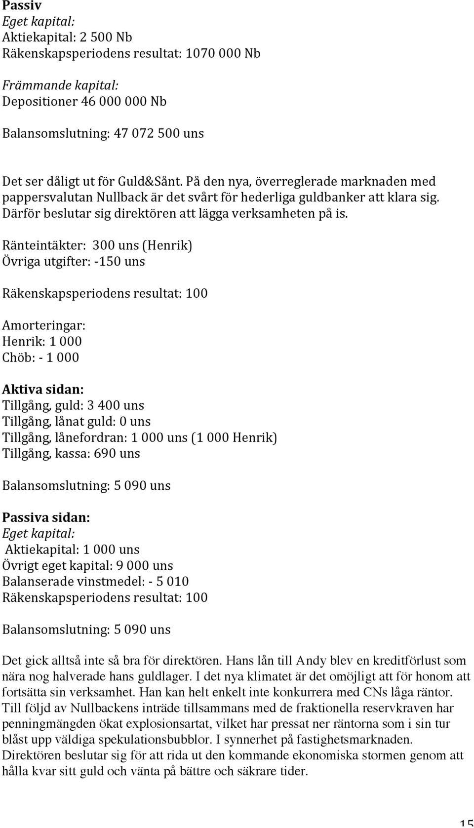 Ränteintäkter:300uns(Henrik) Övrigautgifter: 150uns Räkenskapsperiodensresultat:100 Amorteringar: Henrik:1000 Chöb: 1000 Aktivasidan: Tillgång,guld:3400uns Tillgång,lånatguld:0uns