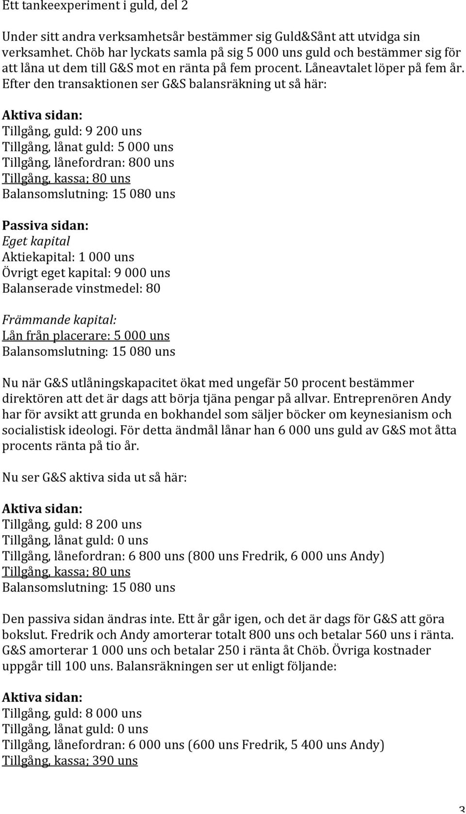 EfterdentransaktionenserG&Sbalansräkningutsåhär: Aktivasidan: Tillgång,guld:9200uns Tillgång,lånatguld:5000uns Tillgång,lånefordran:800uns Tillgång,kassa;80uns Balansomslutning:15080uns Passivasidan: