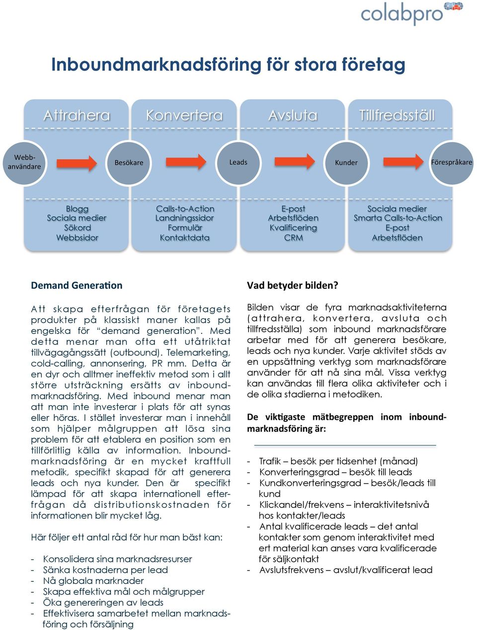 Att skapa efterfrågan för företagets produkter på klassiskt maner kallas på engelska för demand generation. Med detta menar man ofta ett utåtriktat tillvägagångssätt (outbound).