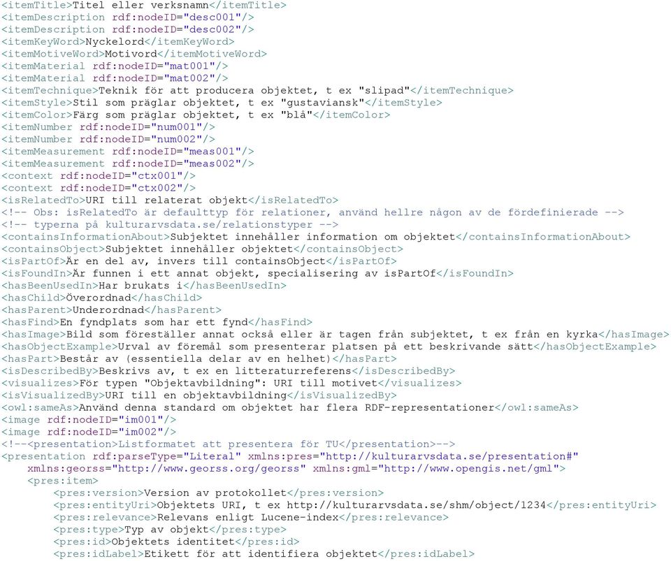 <itemstyle>stil som präglar objektet, t ex "gustaviansk"</itemstyle> <itemcolor>färg som präglar objektet, t ex "blå"</itemcolor> <itemnumber rdf:nodeid="num001"/> <itemnumber rdf:nodeid="num002"/>