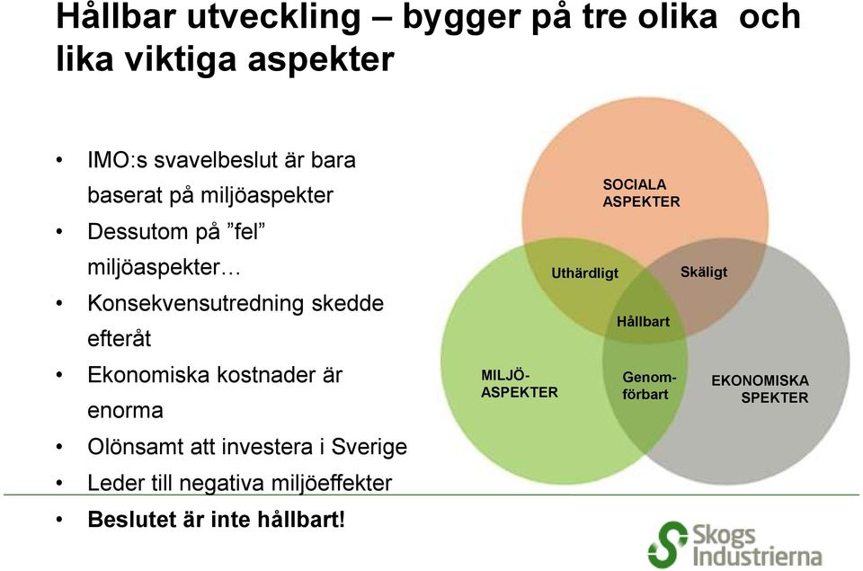 kostnader är enorma Olönsamt att investera i Sverige Leder till negativa miljöeffekter Beslutet är