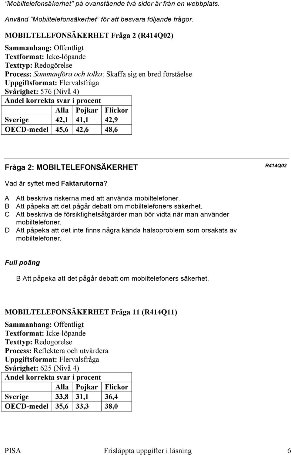 Svårighet: 576 (Nivå 4) Andel korrekta svar i procent Alla Pojkar Flickor Sverige 42,1 41,1 42,9 OECD-medel 45,6 42,6 48,6 Fråga 2: MOBILTELEFONSÄKERHET R414Q02 Vad är syftet med Faktarutorna?