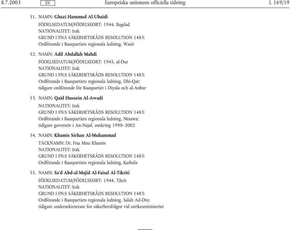 NAMN: Qaid Hussein Al-Awadi Ordförande i Baaspartiets regionala ledning, Ninawa; tidigare guvernör i An-Najaf, omkring 1998 2002 54. NAMN: Khamis Sirhan Al-Muhammad TÄCKNAMN: Dr.