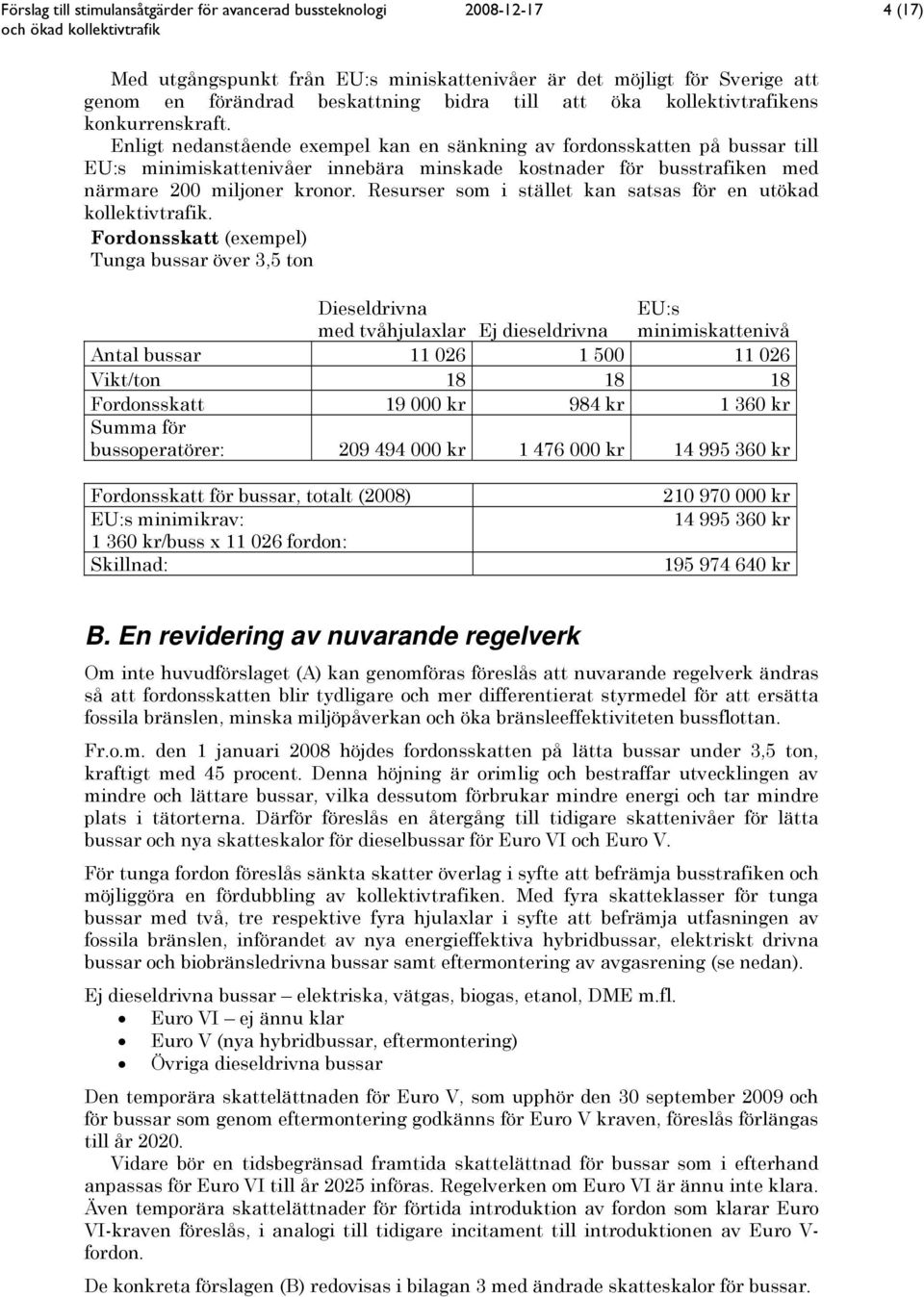 Enligt nedanstående exempel kan en sänkning av fordonsskatten på bussar till EU:s minimiskattenivåer innebära minskade kostnader för busstrafiken med närmare 200 miljoner kronor.