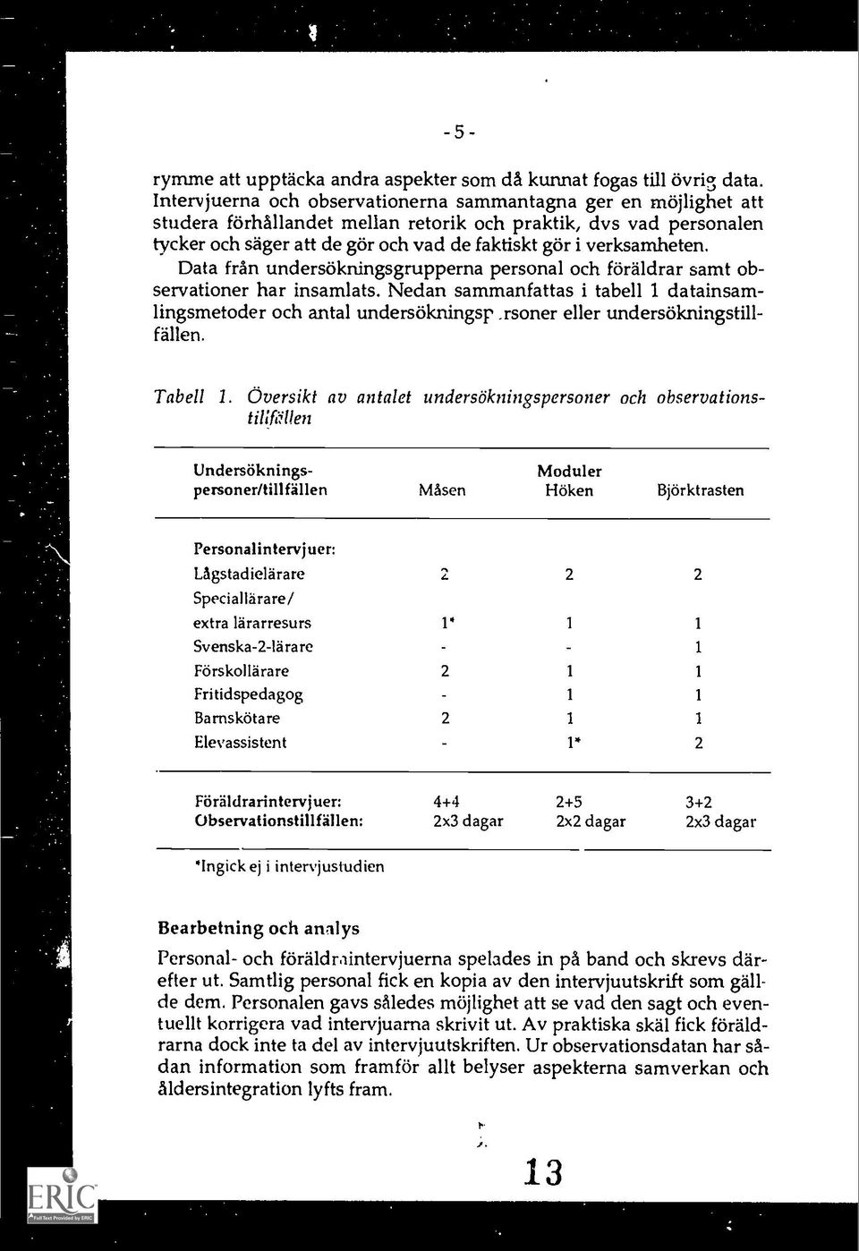 Data fran undersokningsgrupperna personal och föräldrar samt observationer har insamlats.