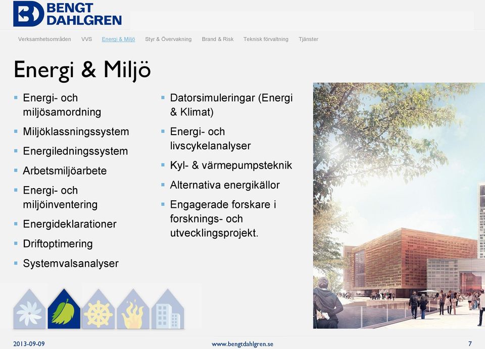 miljöinventering Energideklarationer Driftoptimering Systemvalsanalyser Datorsimuleringar (Energi & Klimat) Energi-