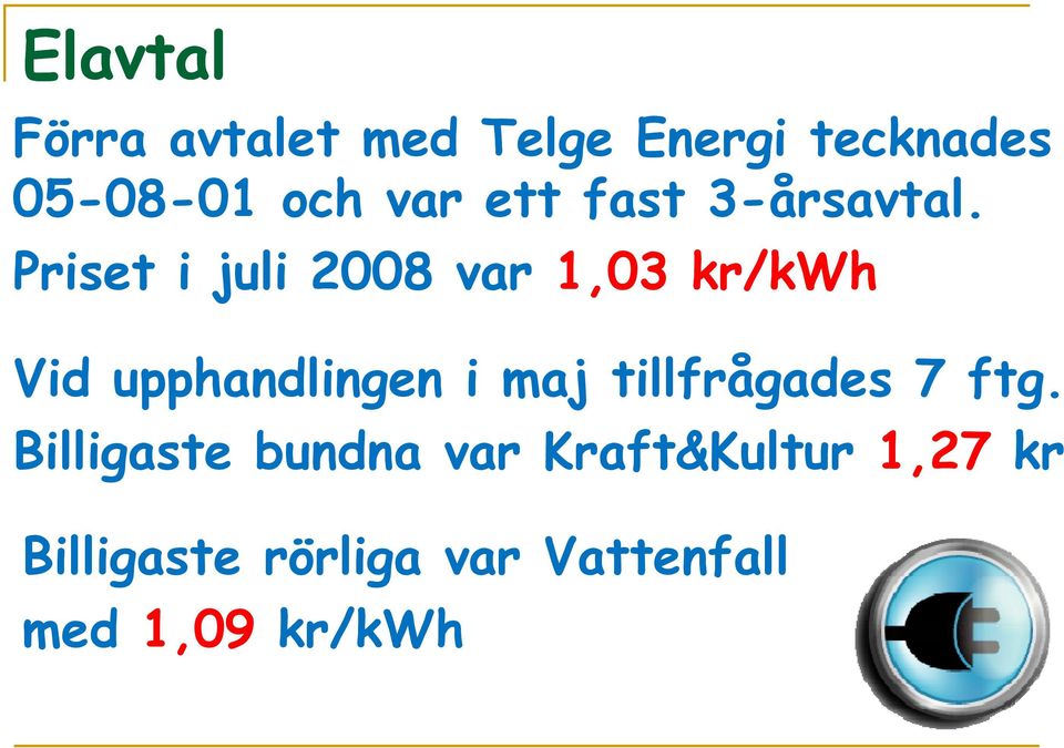 Priset i juli 2008 var 1,03 kr/kwh Vid upphandlingen i maj