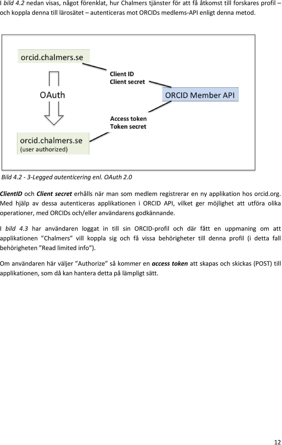 Med hjälp av dessa autenticeras applikationen i ORCID API, vilket ger möjlighet att utföra olika operationer, med ORCIDs och/eller användarens godkännande. I bild 4.