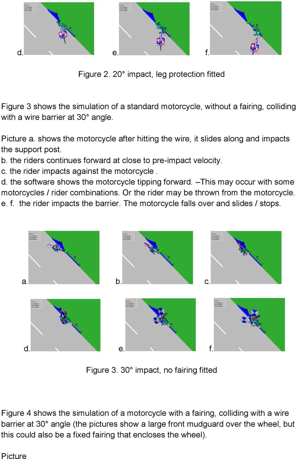 d. the software shows the motorcycle tipping forward. This may occur with some motorcycles / rider combinations. Or the rider may be thrown from the motorcycle. e. f. the rider impacts the barrier.