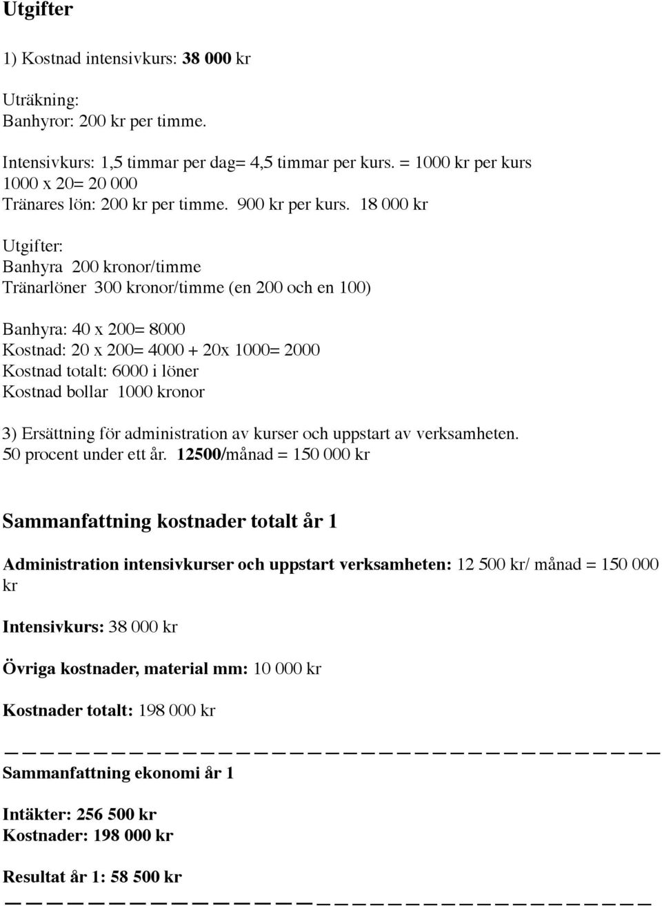 18 000 kr Utgifter: Banhyra 200 kronor/timme Tränarlöner 300 kronor/timme (en 200 och en 100) Banhyra: 40 x 200= 8000 Kostnad: 20 x 200= 4000 + 20x 1000= 2000 Kostnad totalt: 6000 i löner Kostnad