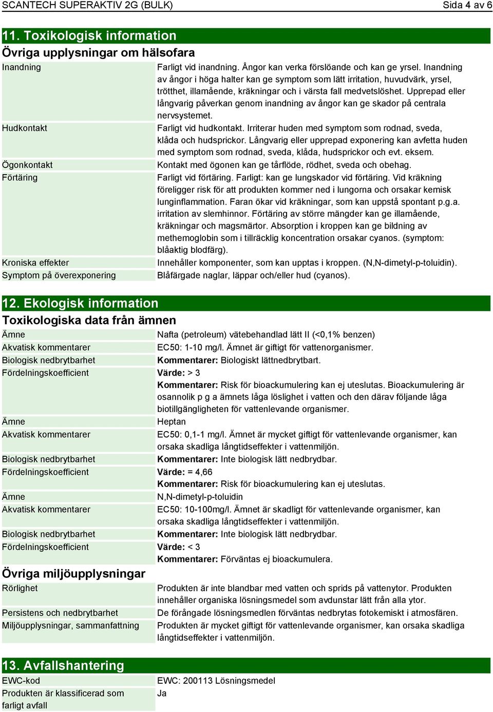 Ångor kan verka förslöande och kan ge yrsel. Inandning av ångor i höga halter kan ge symptom som lätt irritation, huvudvärk, yrsel, trötthet, illamående, kräkningar och i värsta fall medvetslöshet.